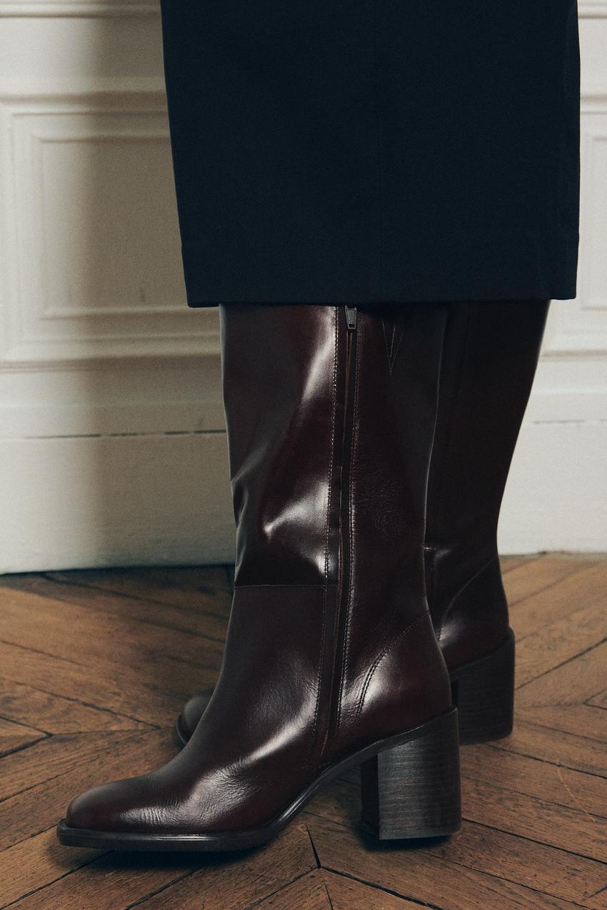 SQUARE TOE LEATHER ANKLE BOOT - Burgundy Red | ZARA United States