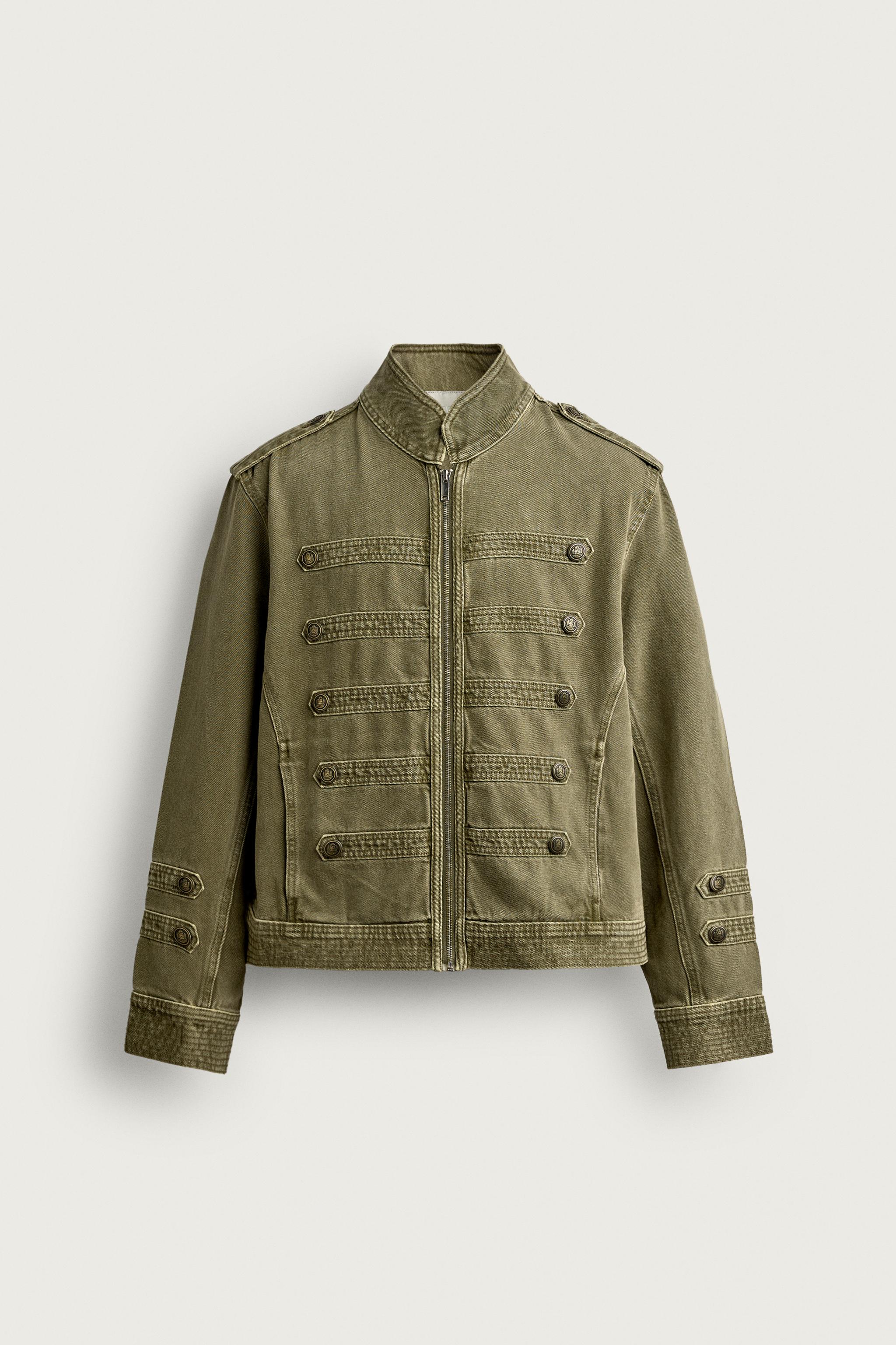 CROPPED FIT BUTTON-DETAIL DENIM JACKET — Khaki