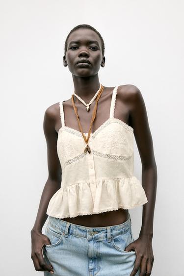 TOP DENTELLE BRODÉ - Beige clair de Zara