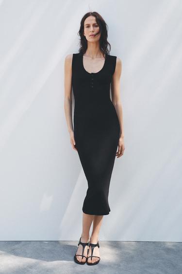 RIBBED BUTTON-FRONT MIDI DRESS - Black by Zara