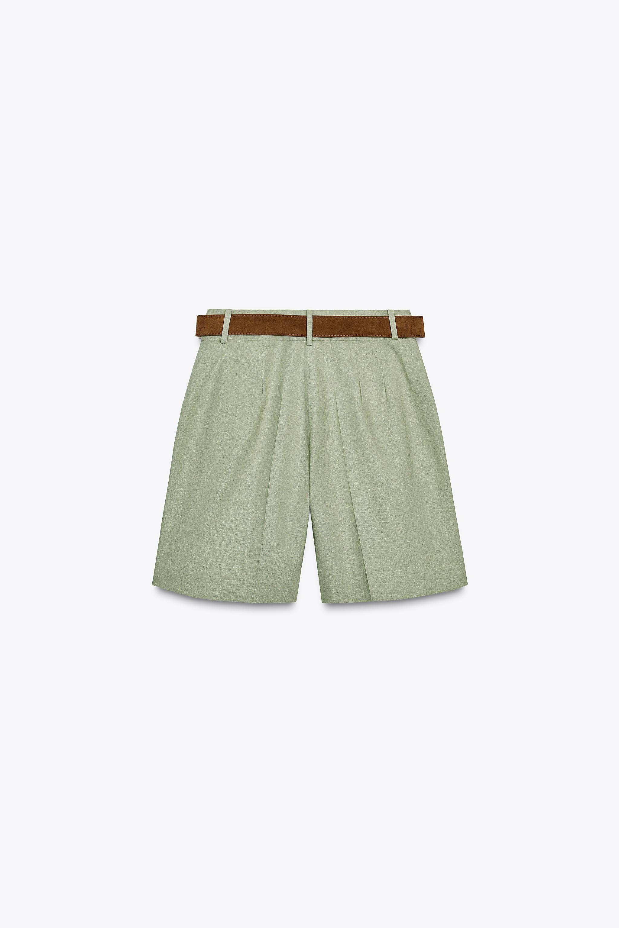 LINEN PLEATED BELTED BERMUDA SHORTS