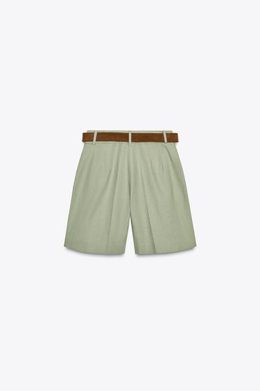 PLEATED BERMUDA SHORTS WITH LINEN BLEND AND BELT - Light khaki by Zara - Image 4