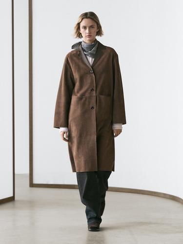 Zara Long suede leather coat - Brown