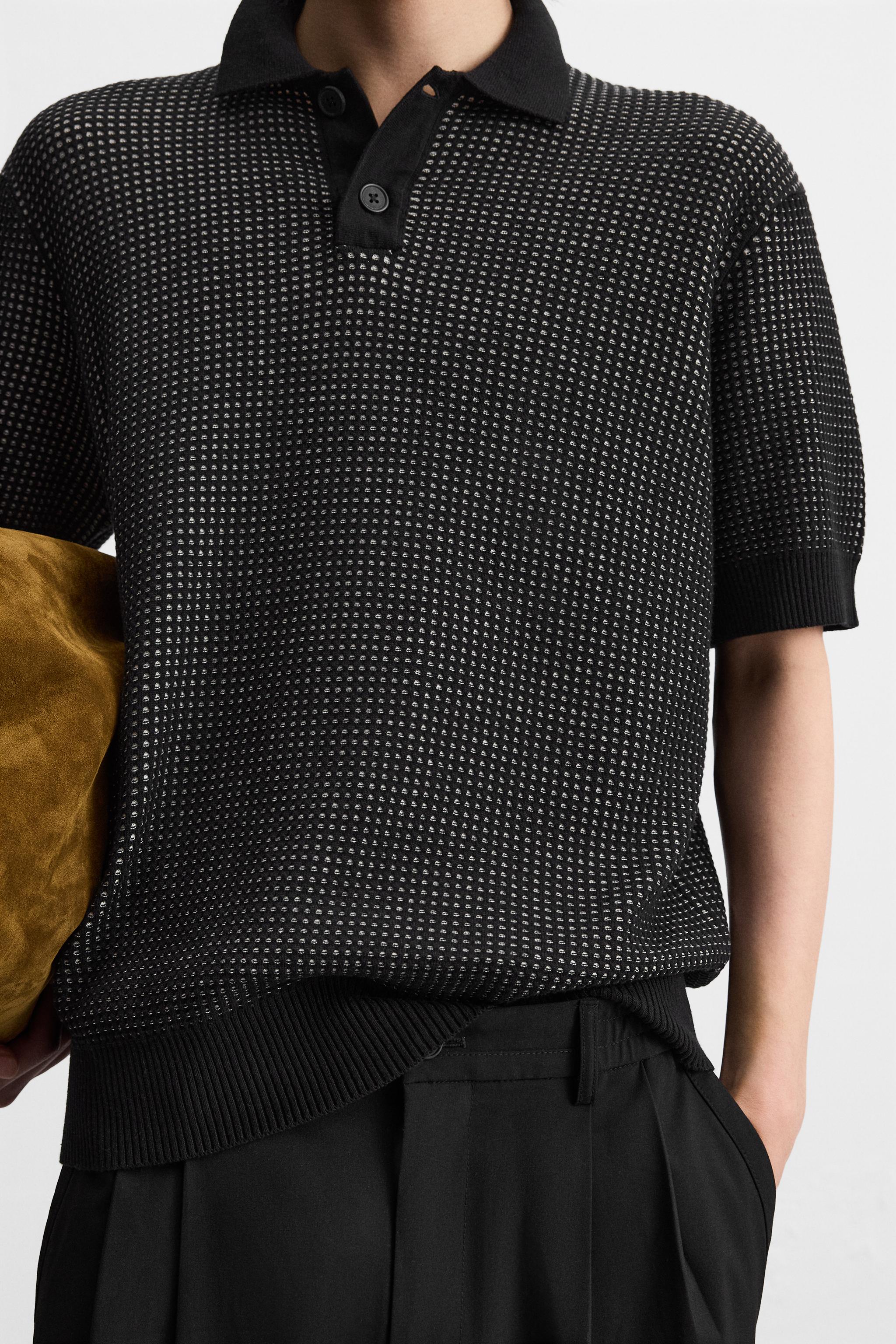 コントラストジャカードニットポロシャツ - ブラック | ZARA