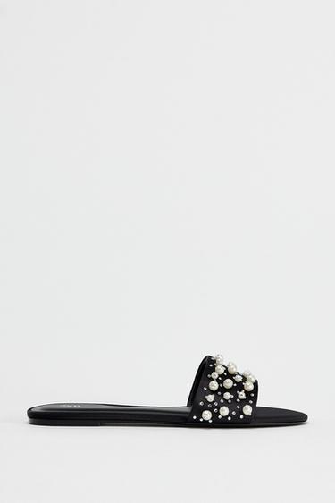 Zara SATIN EFFECT FLAT SANDALS - Black - Image 0