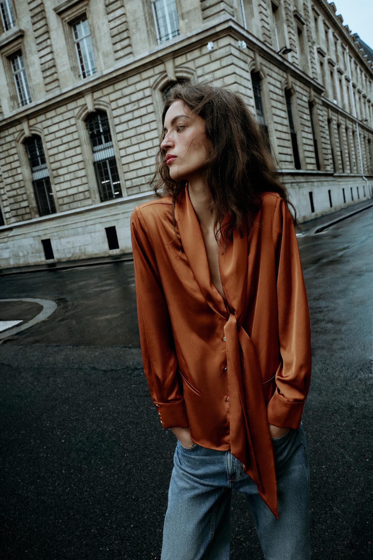 Женская блузка Zara Satin Bow Blouse, цвет: Оранжевый — фото 3
