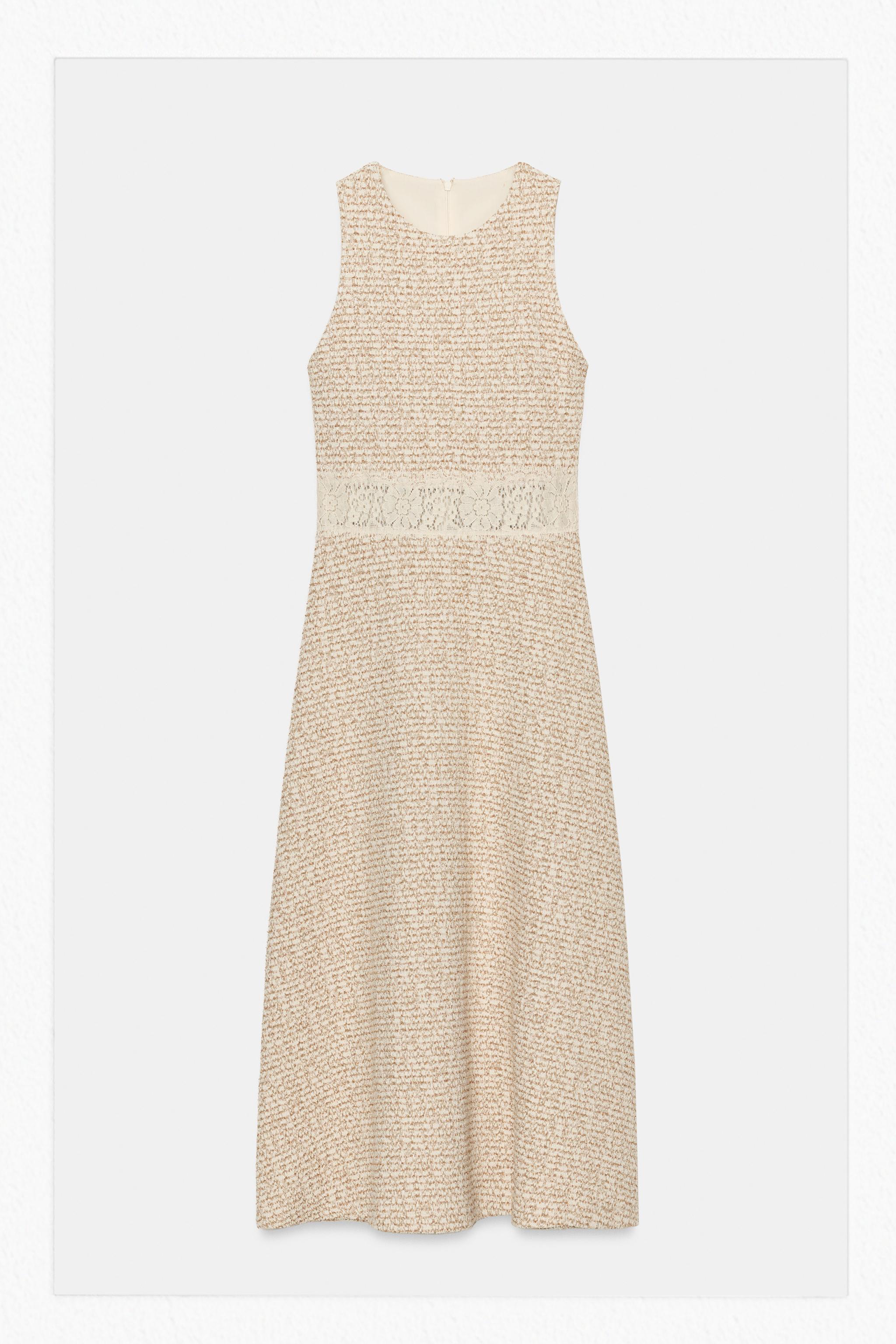 COMBINATION TEXTURED WEAVE DRESS — Ecru / Brown