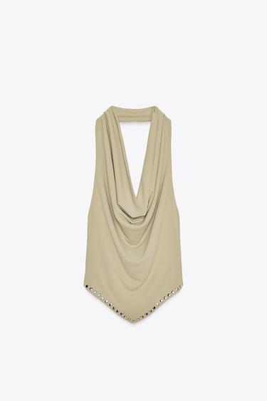 STUDDED HALTER TOP - Grey green by Zara - Image 1