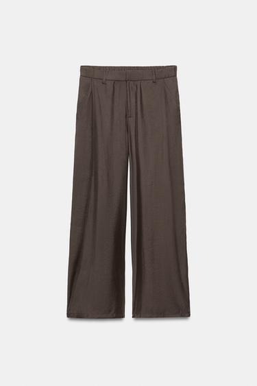 Zara FLOWY PLEATED PANTS - Dark brown