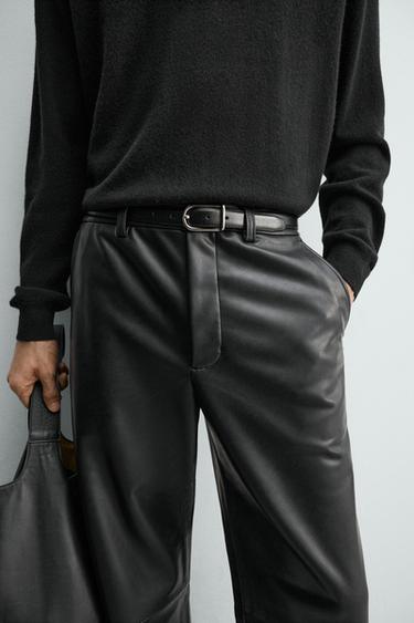 Zara FAUX LEATHER RELAXED FIT PANTS - Black