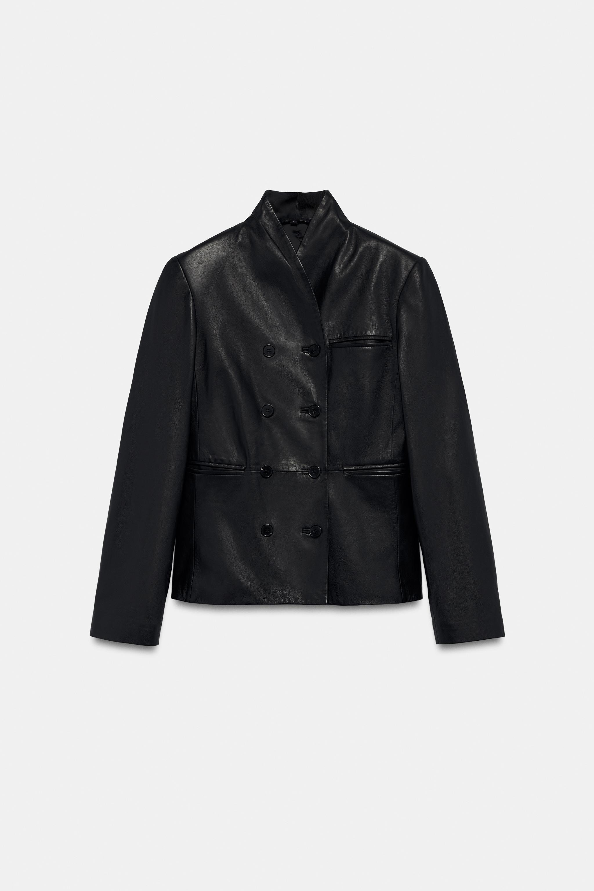 ZW COLLECTION 100% LEATHER DOUBLE-BREASTED BLAZER — Black