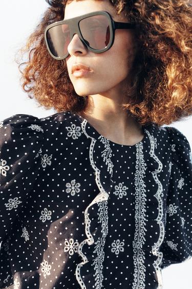 BLOUSE WITH CUTWORK EMBROIDERY AND DOTS - Navy blue by Zara - Image 4