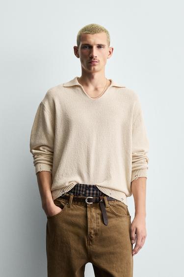 Zara KNIT POLO SHIRT WITH DISTRESSED EFFECT - Ecru