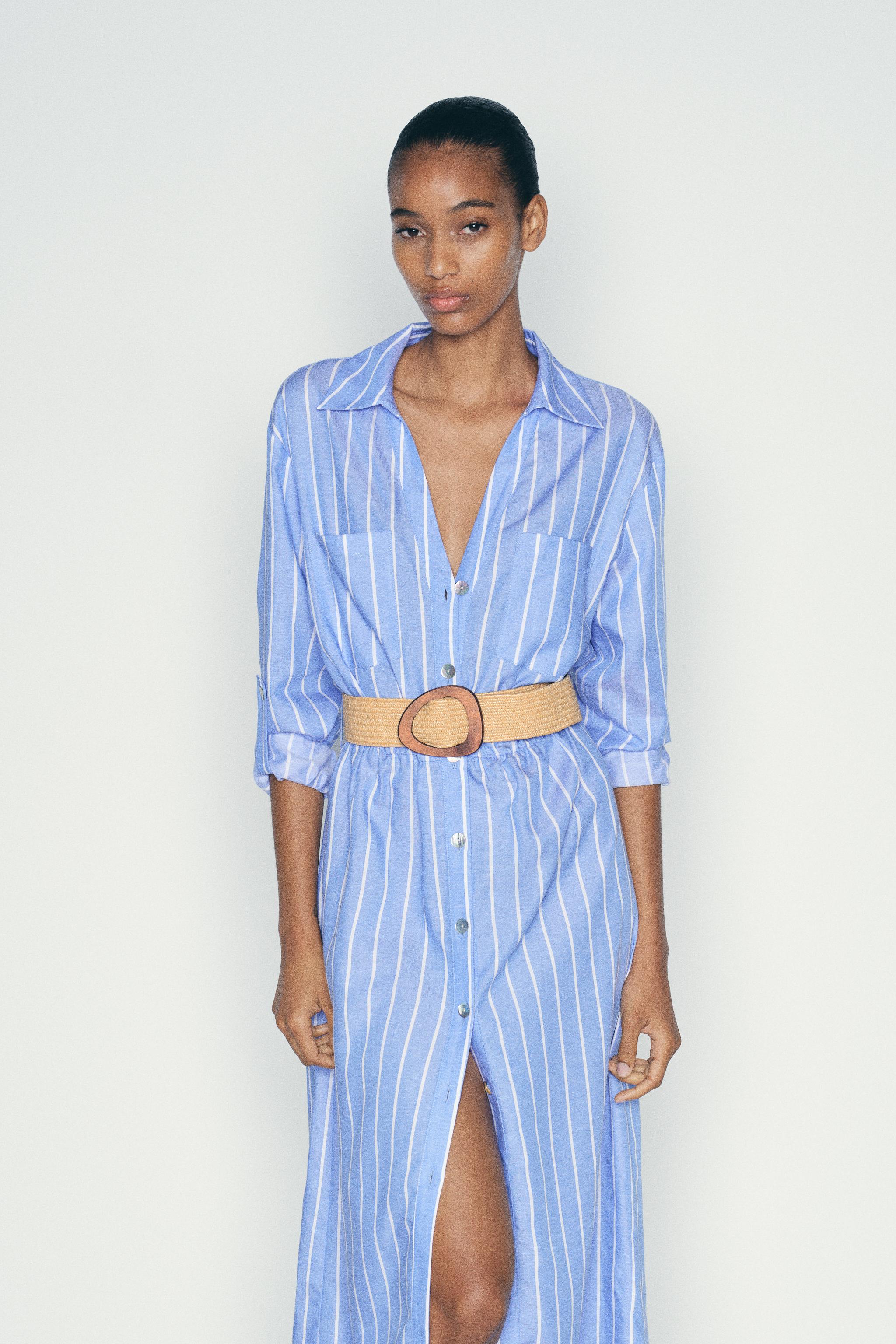 STRIPED BELTED SHIRT DRESS Blue White ZARA Canada