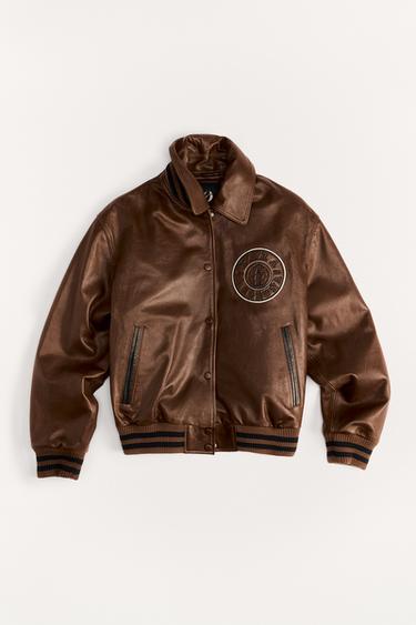 VARSITY 50TH ANNIVERSARY LEATHER BOMBER JACKET - Toffee by Zara