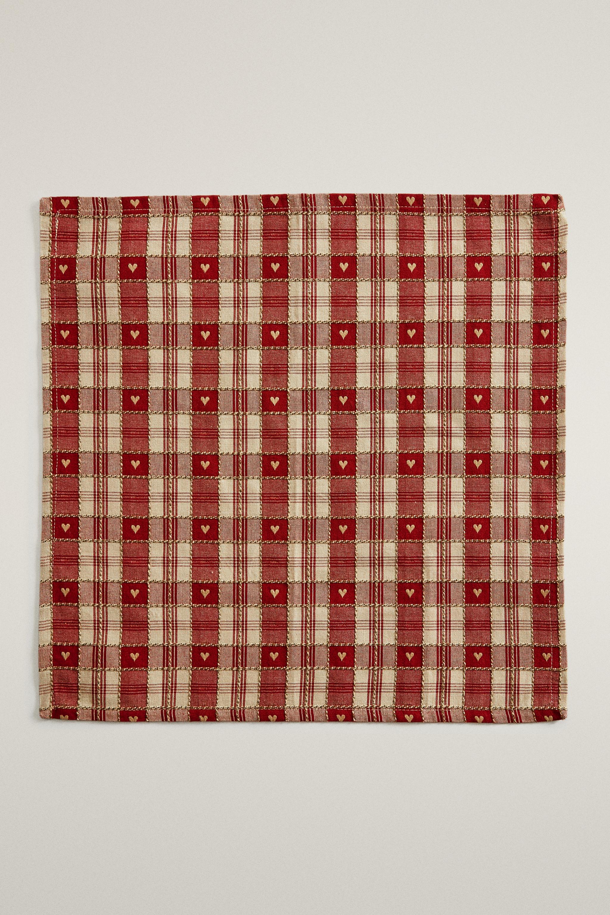SERVIETTES DE TABLE COTON CARREAUX CŒURS NOËL (LOT DE 2)