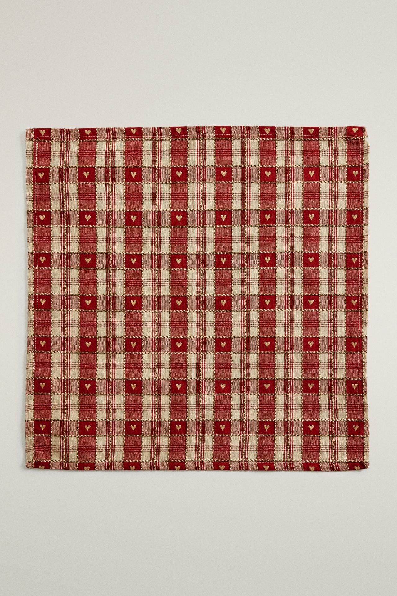 CHRISTMAS CHECK AND HEART COTTON NAPKINS (PACK OF 2) — Red