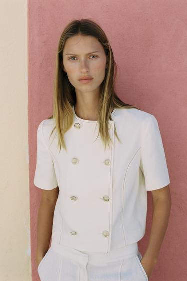 Zara SHORT SLEEVE BLAZER WITH LINEN - Ecru