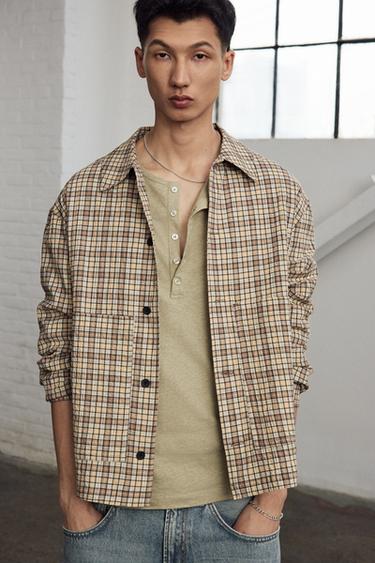 TEXTURED CHECK OVERSHIRT - Beige by Zara