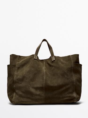 Zara Leather and split leather maxi shopper bag - Green - Image 0