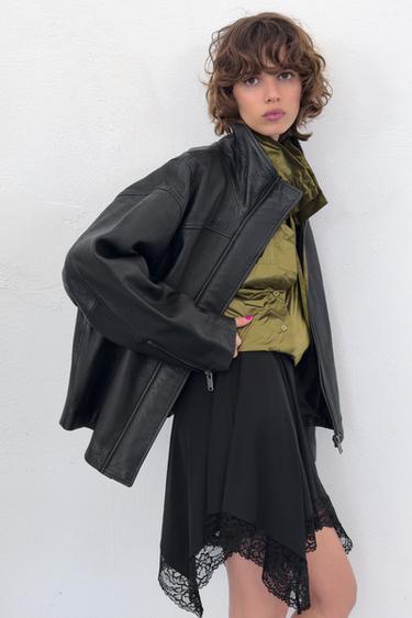 CAZADORA OVERSIZE PIEL 100% - Negro de Zara