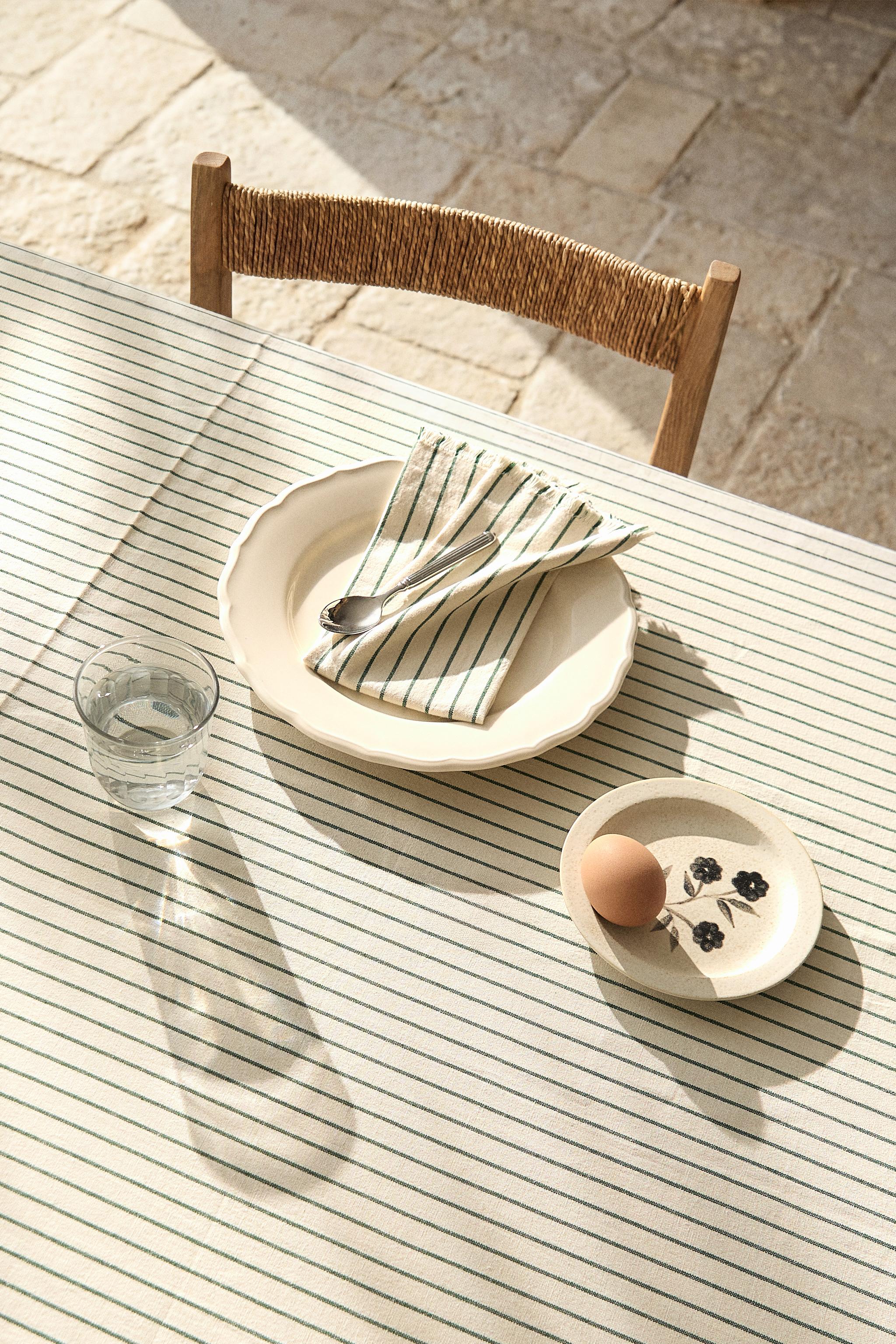 STRIPED TABLECLOTH WITH FRINGES — Ecru