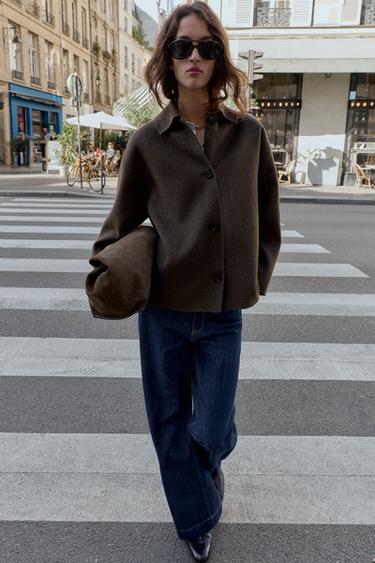 MANTEAU AVEC LAINE COL EFFET FOURRURE - Kaki foncé de Zara - Image 1