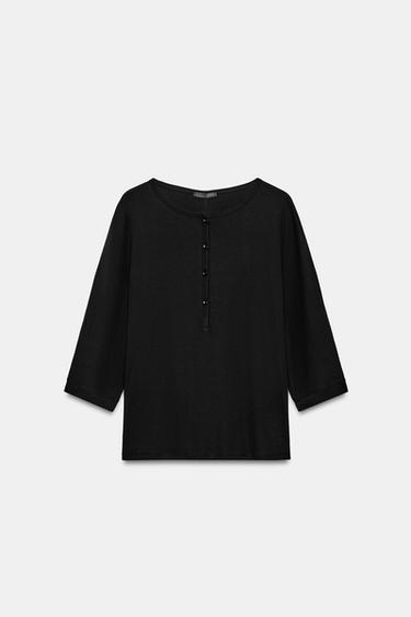 T-SHIRT MED HENLEY-HALS I BOMULD - Sort fra Zara
