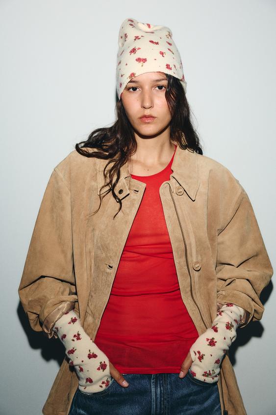 FLORAL PRINT KNITTED GLOVES