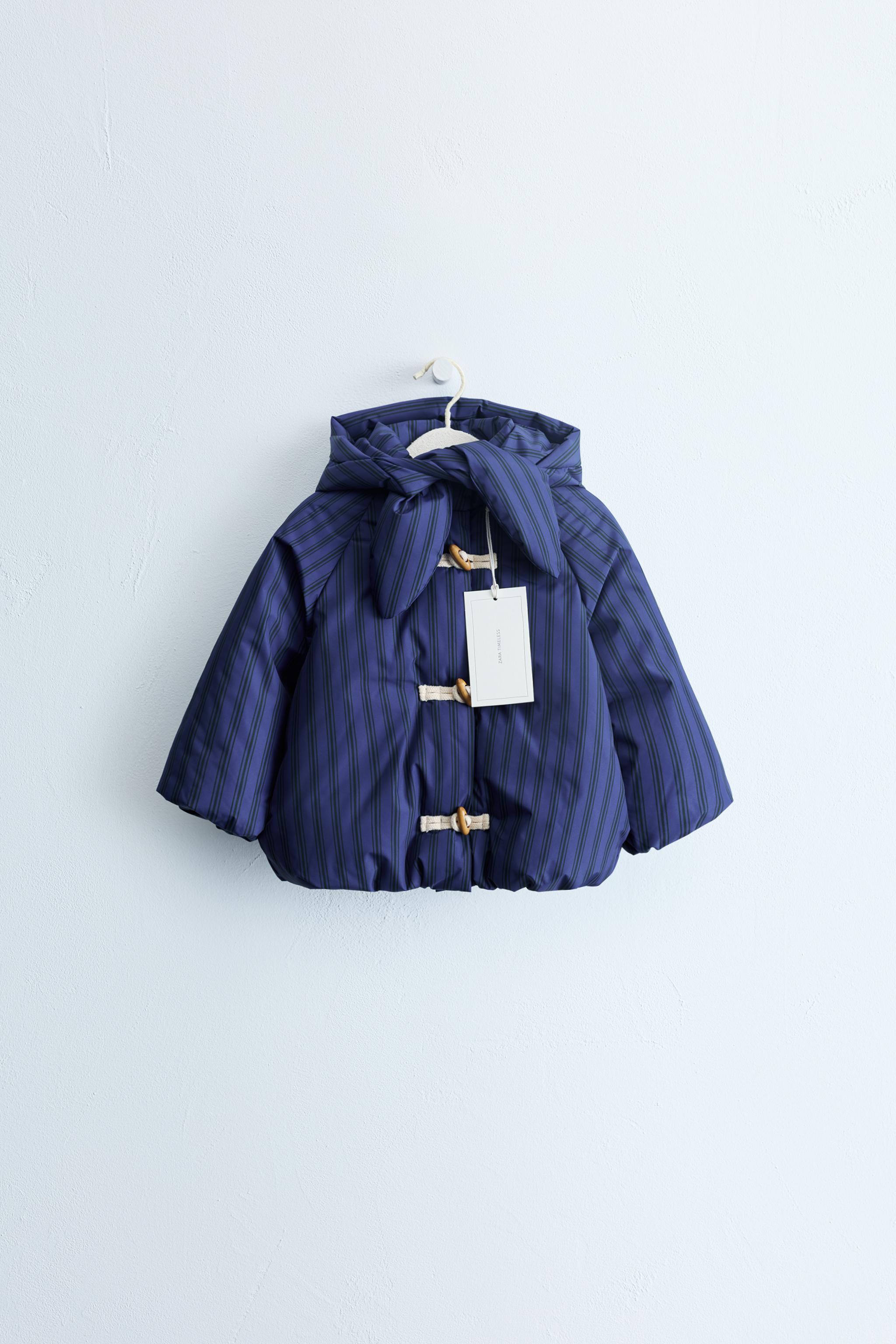 ZARA TIMELESS - STRIPED COAT WITH DETACHABLE HOODIE AND FROG FASTENING — Navy blue