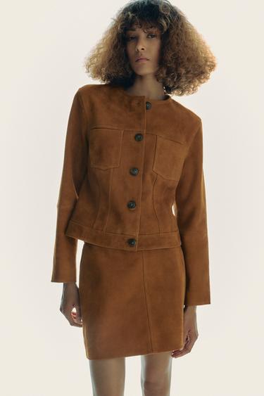 Zara 100% SUEDE LEATHER MINI SKIRT ZW COLLECTION - Tobacco