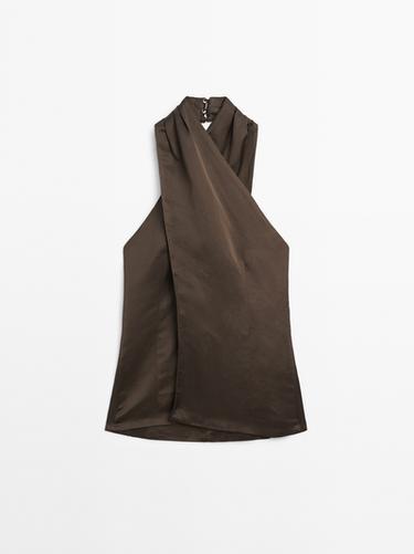 Veste sans manches lin à encolure américaine - STUDIO - Vert foncé de Zara