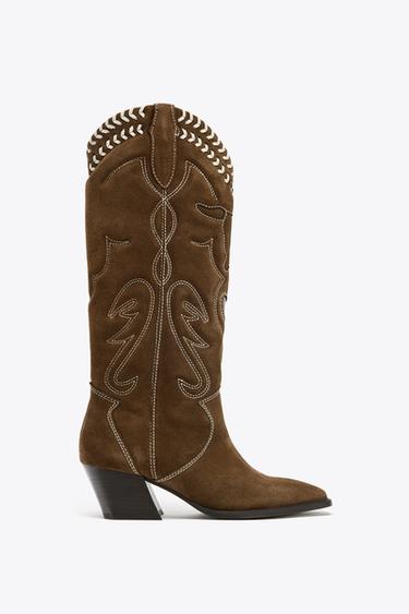 LEATHER EMBROIDERED BOOTS - Brown by Zara - Image 3