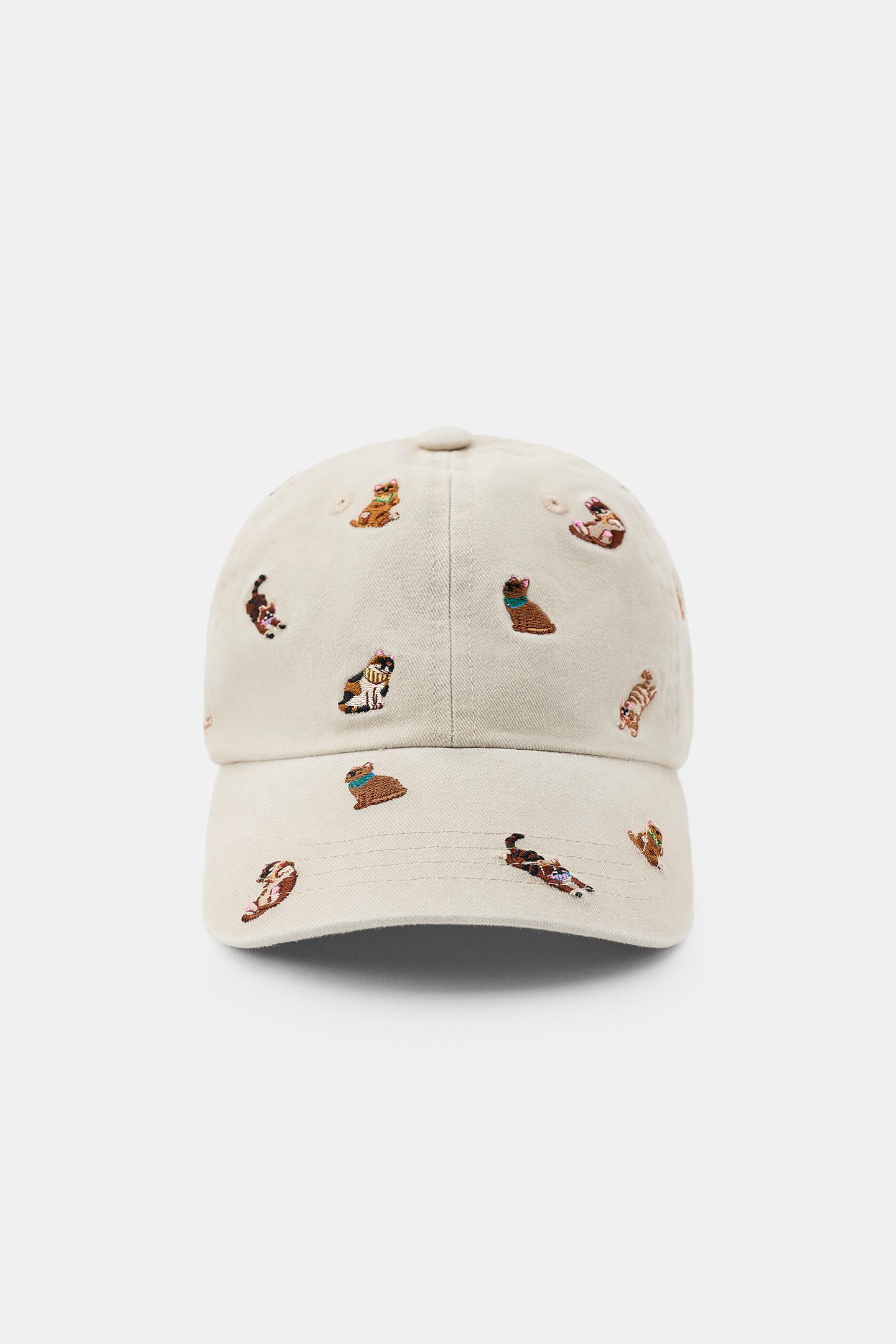 Женская кепка Zara Embroidered Cat Twill, цвет: Серо-бежевый — фото 1