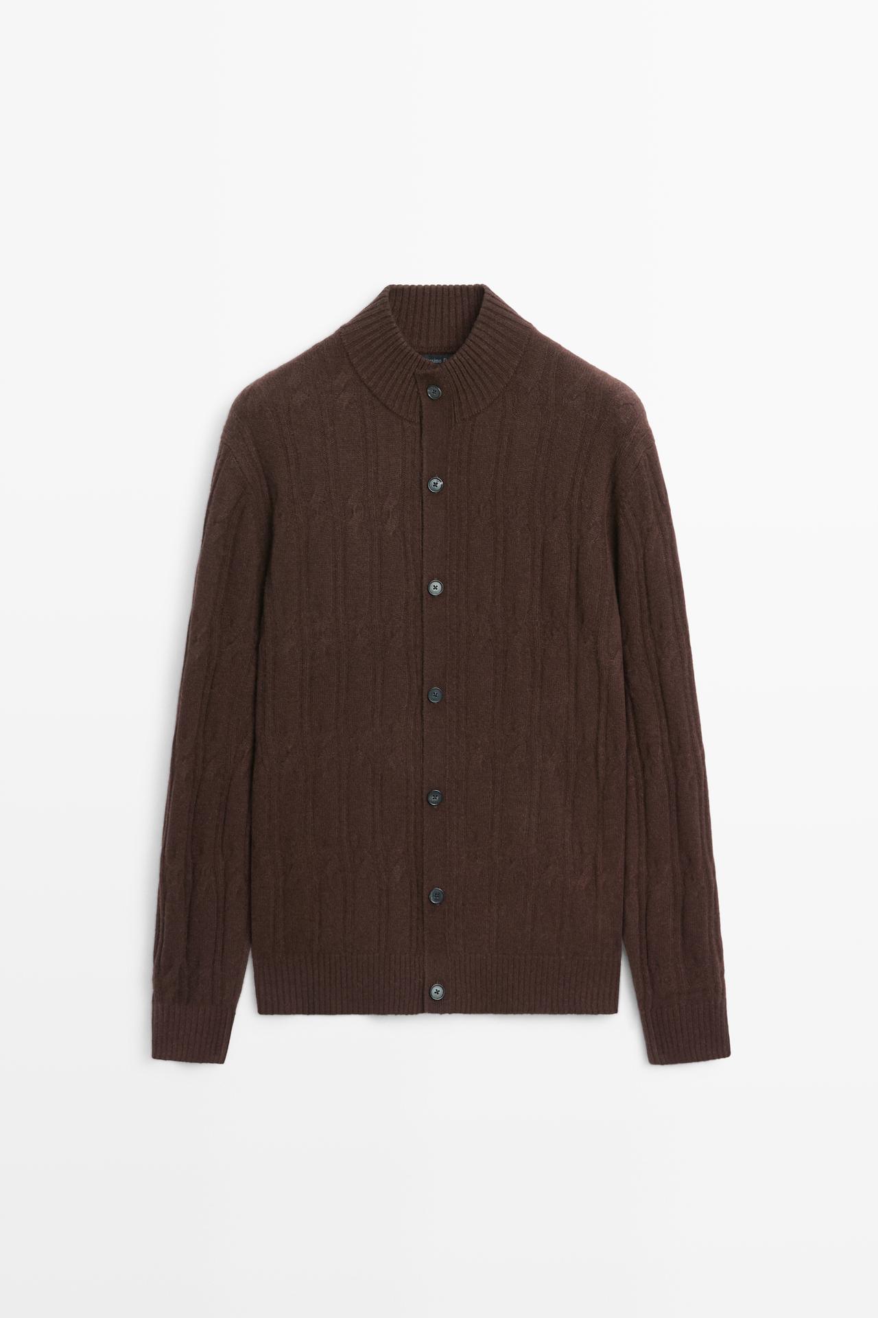 Wool blend cable knit zip-up cardigan — Brown