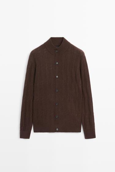 Wool blend cable knit zip-up cardigan — Brown 1