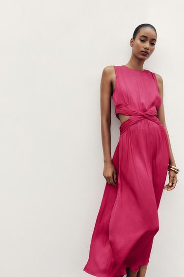 ROBE MIDI SATINÉE AJOURÉE - Fuchsia de Zara - Image 1