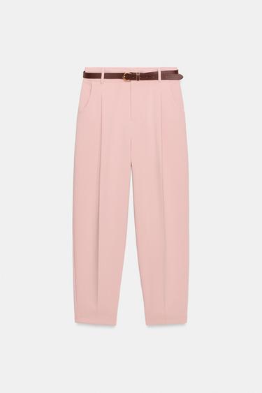 CROPPED TROUSERS WITH DARTS AND BELT - Light pink by Zara