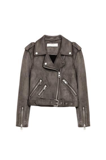 Front view of a grey jacket with zips and a belt.
