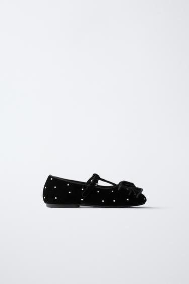 Zara VELVET T-BAR BALLET FLATS WITH BOW - Black