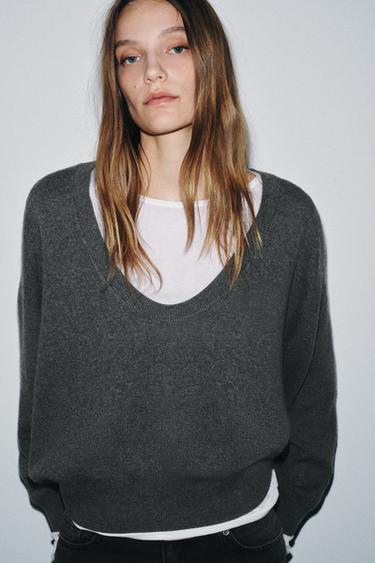 Zara DEEP NECK KNIT JUMPER - Gray