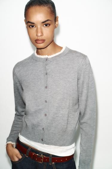 Zara LACE TRIM CARDIGAN - Pearl gray
