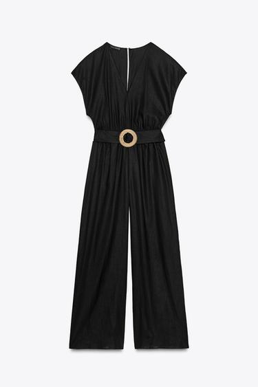 Zara LINEN BELTED LONG JUMPSUIT - Black