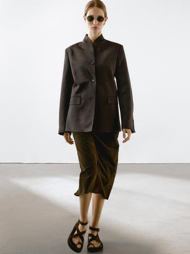 Americana cuello subido con lino - Marrón oscuro de Zara