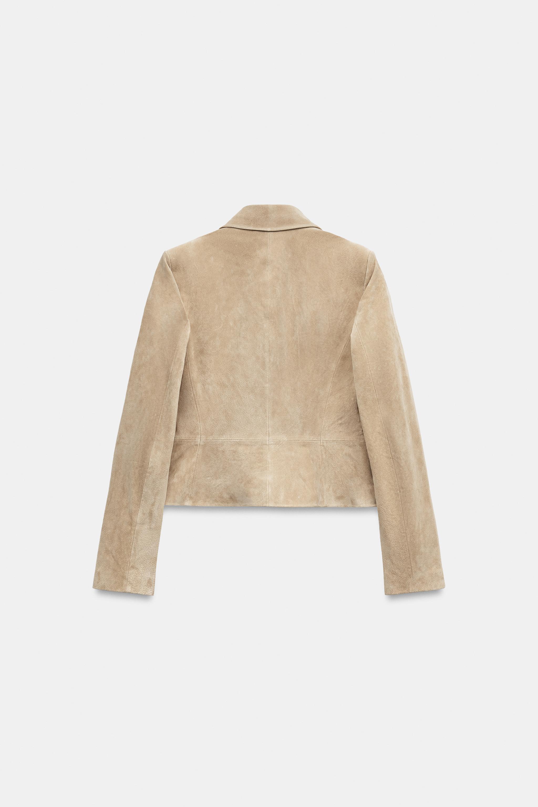 100% LEATHER CROPPED JACKET WITH SHOULDER PADS - Sand | ZARA