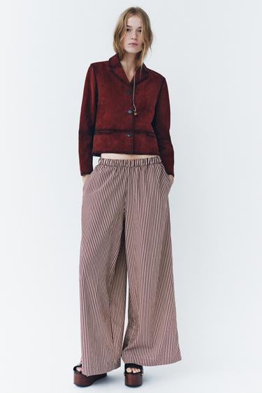 Zara ZW COLLECTION STRIPED FLOWY PANTS - Ecru / Maroon - Image 0