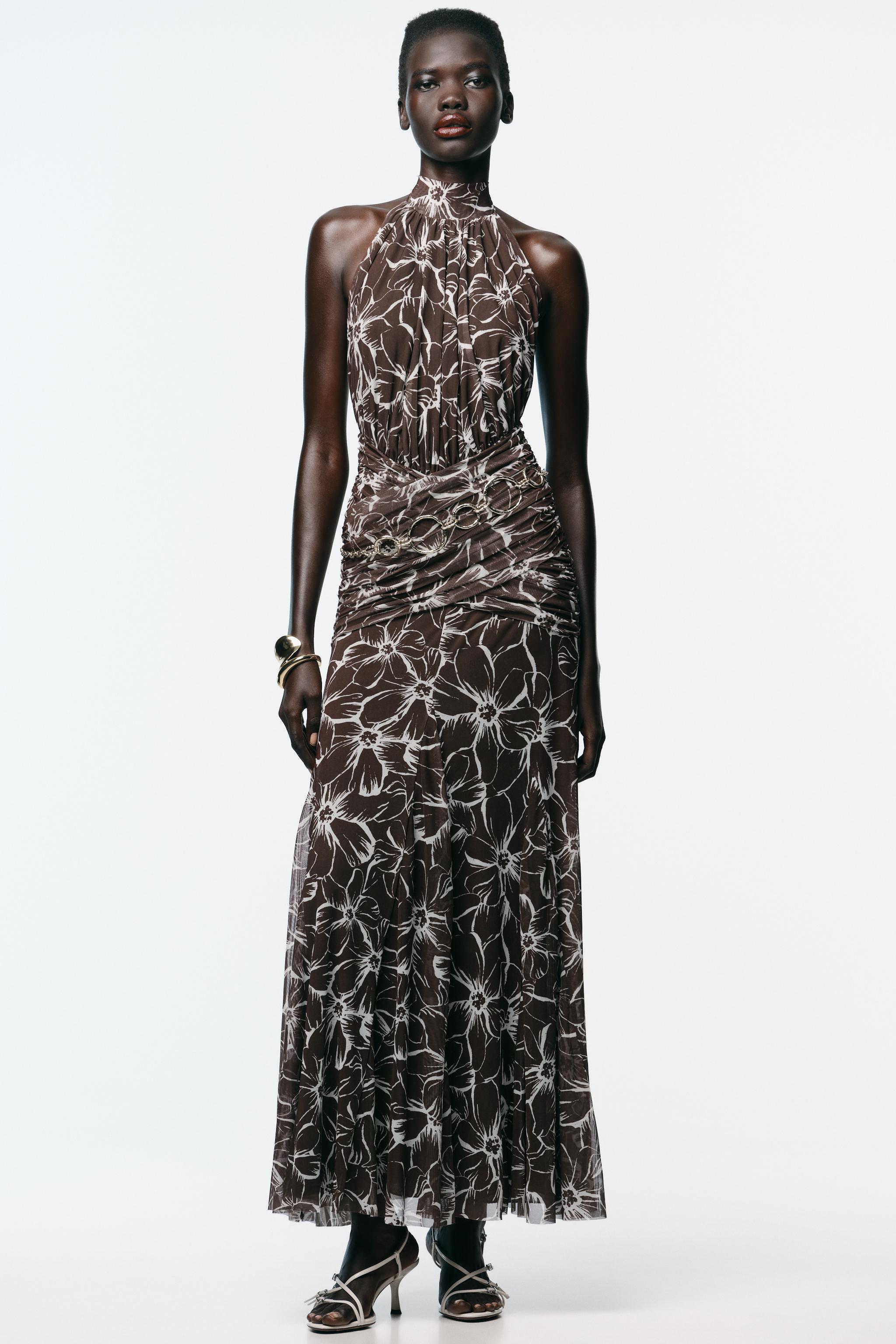 HALTER PRINTED TULLE LONG DRESS - Brown | ZARA United States