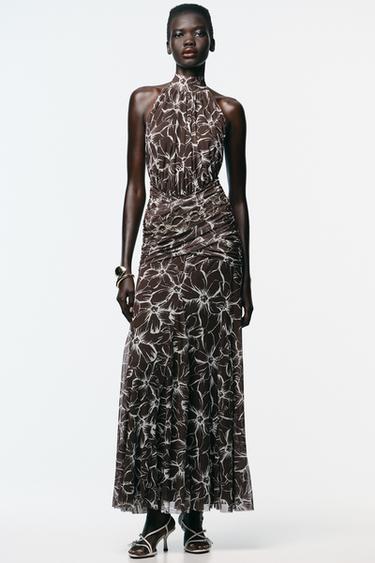 ROBE LONGUE EN TULLE IMPRIMÉ HALTER - Marron de Zara