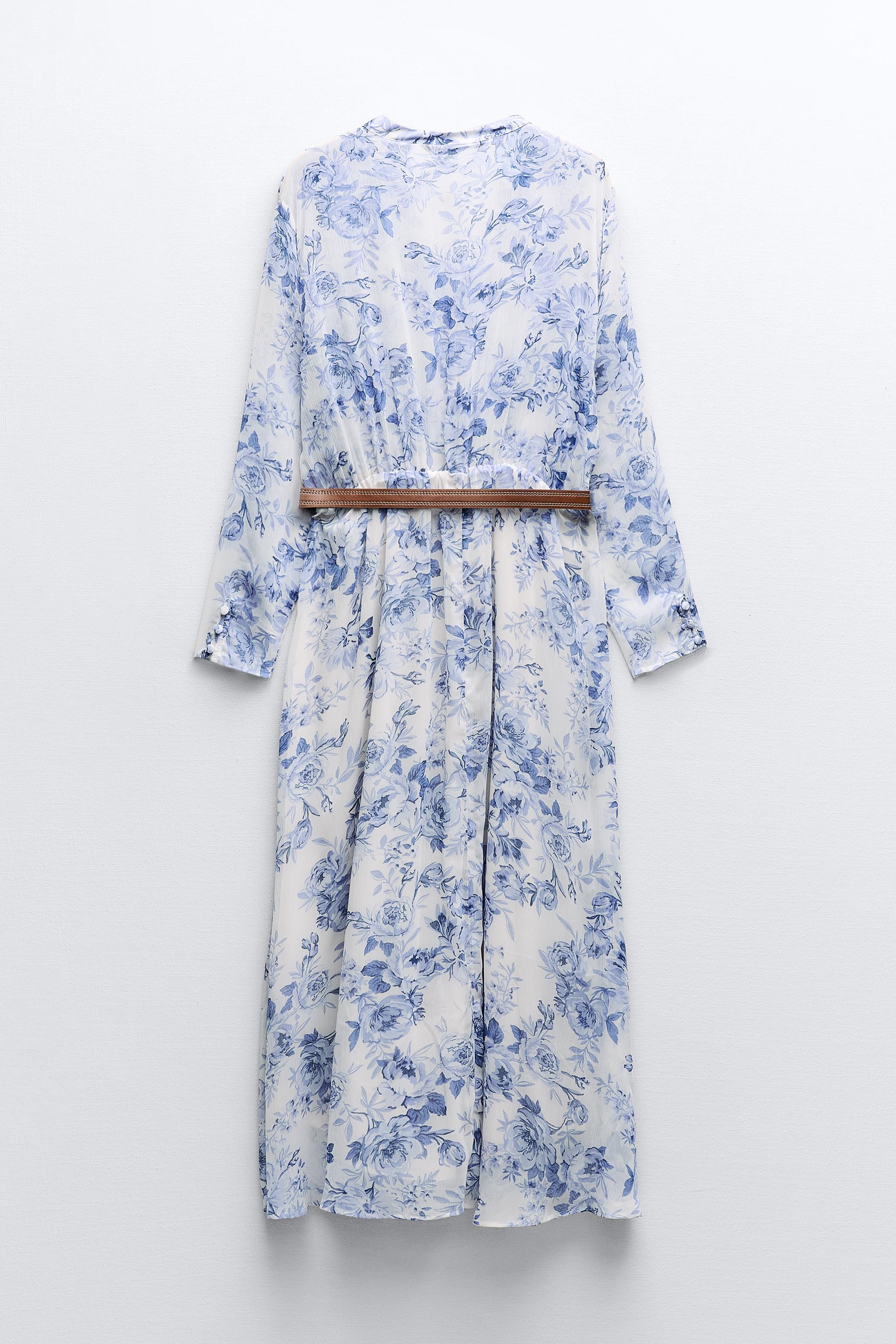 BELTED RUFFLED PRINTED DRESS - Blue / White | ZARA United States