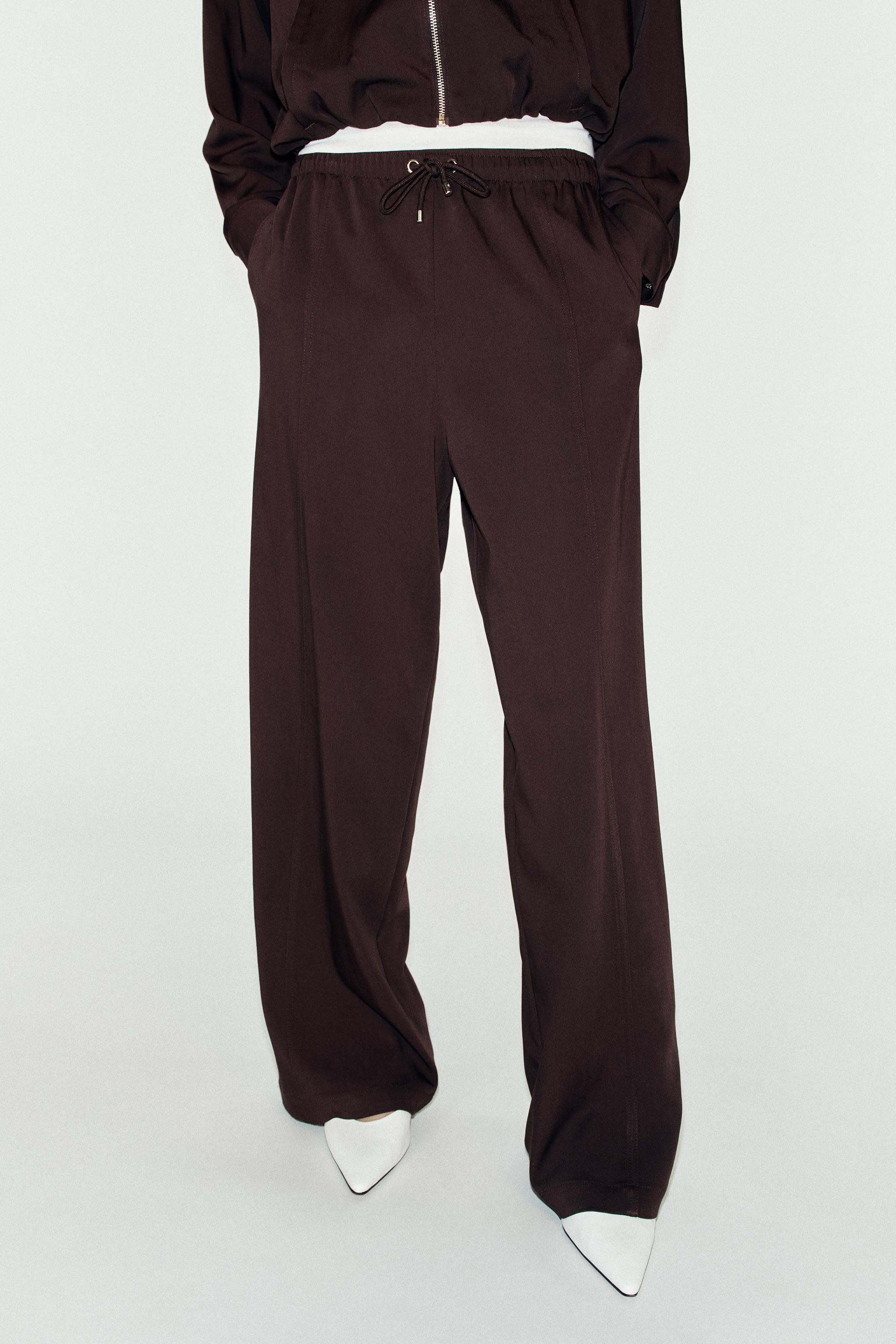 WIDE-LEG ELASTIC WAIST PANTS — Brown